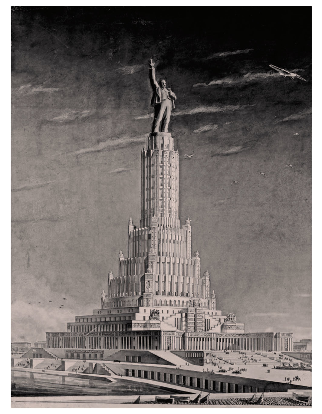 鲍里斯·约凡，《苏联宫计划，莫斯科》（Project for the Palace of Soviets, Moscow，局部），1934，纸上炭笔，65 3⁄4 × 74".
