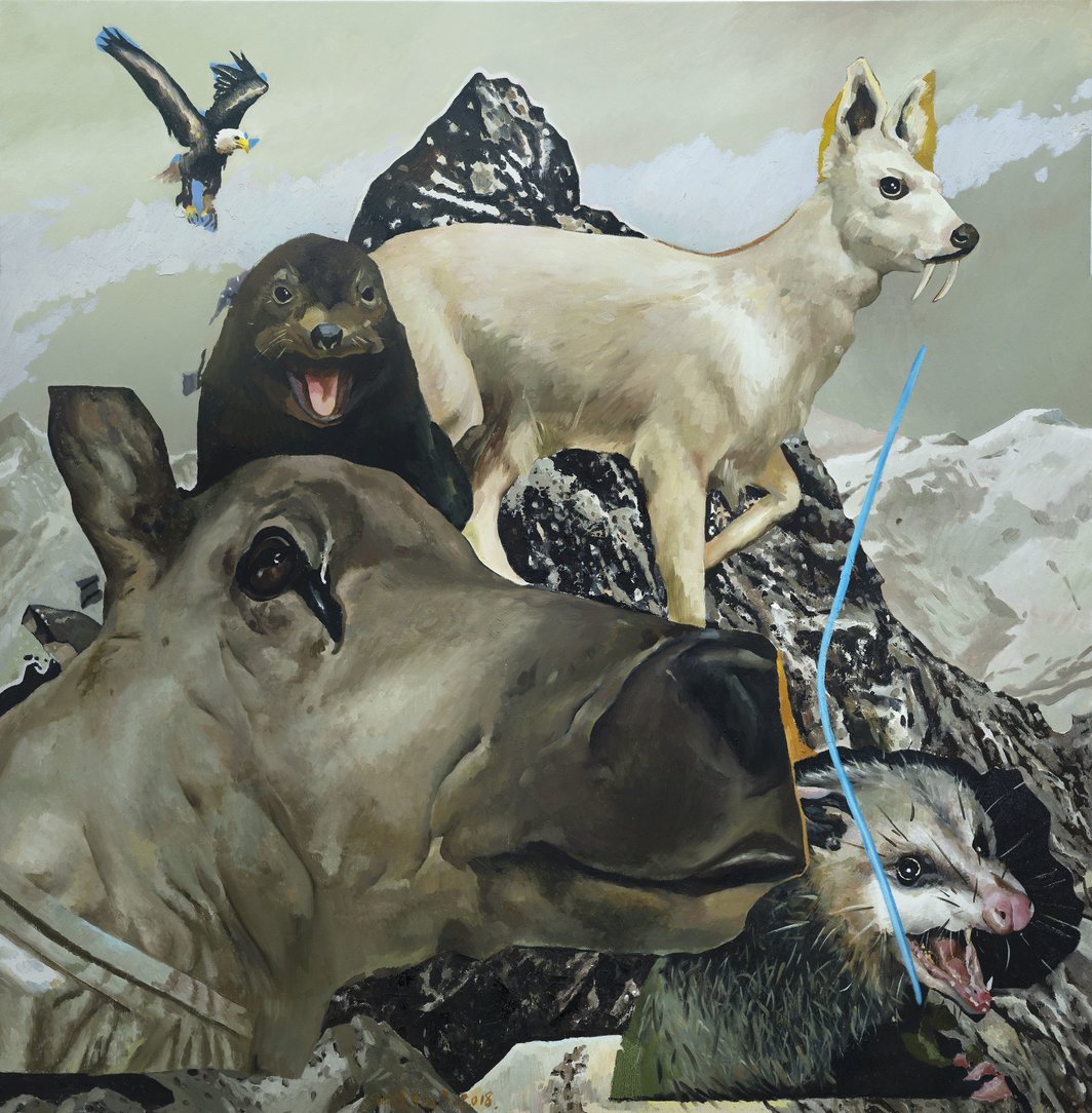 耿旖旎，《动物塔雕—流云》，2018，布面油画，160 x 160 cm.