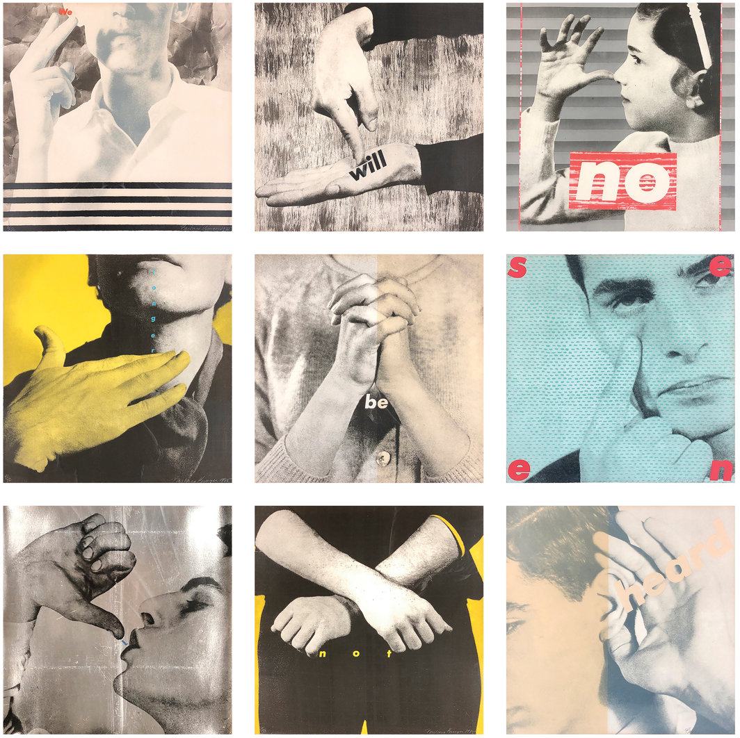 芭芭拉·克鲁格，《无题（我们将不再被看到，不再被听到）》，1985，纸上丝网印刷和石版印刷，九部分，每部分尺寸20 3/4 × 20 5/8".