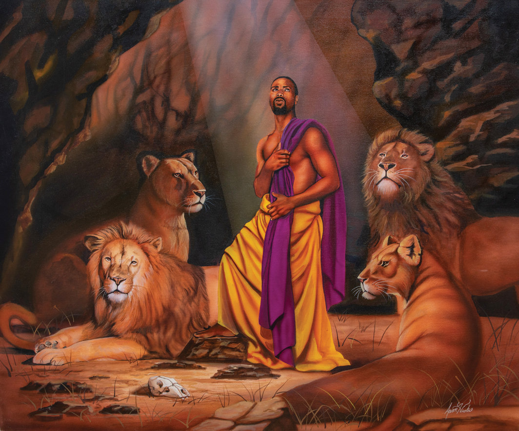 阿伦·希克斯，《狮穴中的丹尼尔》（Daniel in the Lion’s Den），2000，布面丙烯和喷漆，30 × 36".