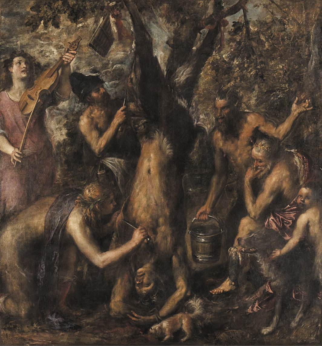 提香，《马西亚斯的剥皮》，约1570年代，布面油画，86 5⁄8 × 80 5⁄8".