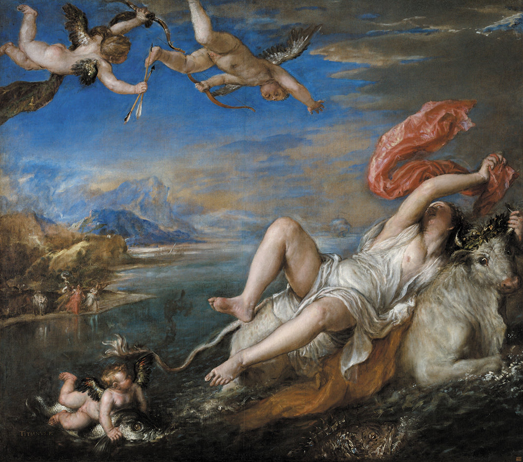 提香，《欧罗巴的强奸》，1559–62，布面油画，70 1⁄8 × 80 3⁄4".