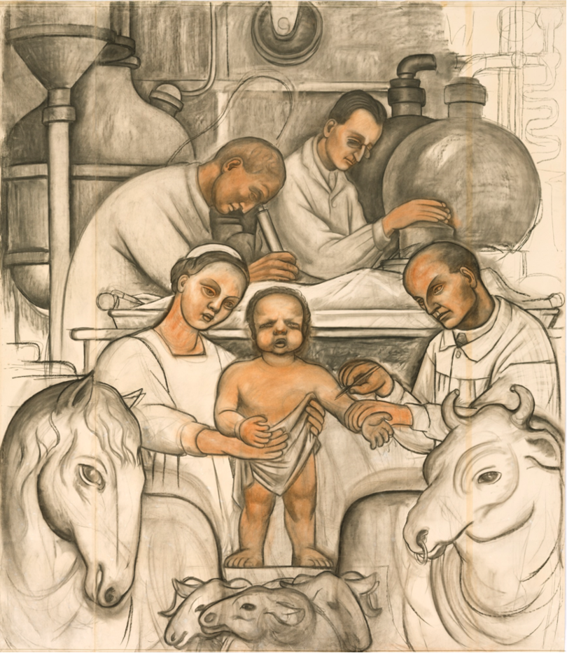 迭戈·里维拉，《疫苗接种》，1932，米白色布纹纸上炭笔和彩色颜料，100 1/2 x 86 3/4''. 图片：Detroit Institute of Arts.