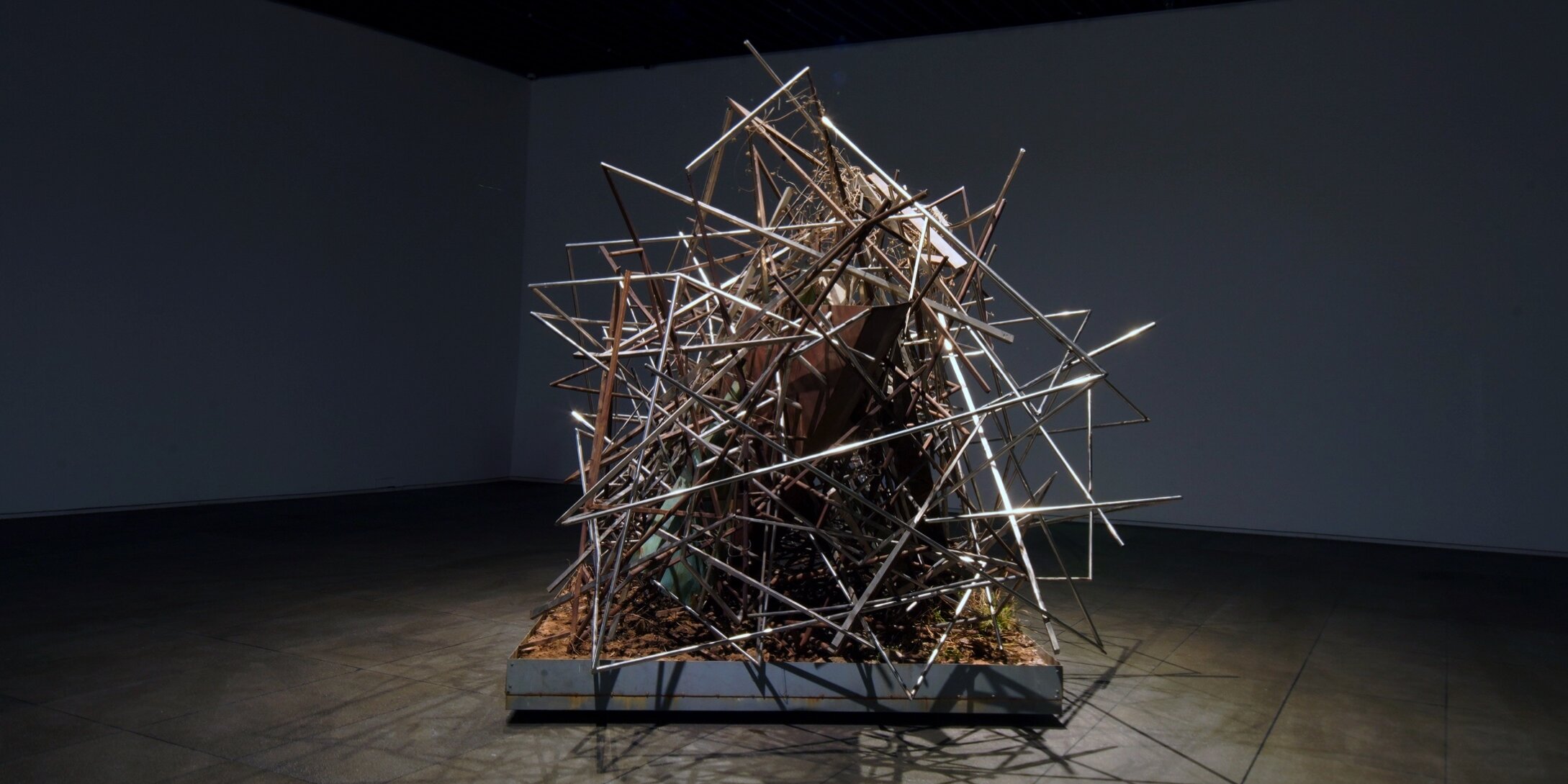 王郁洋，《被植物缠绕的可疑》，2012 - 2024，黄铜、紫铜、不锈钢、铁、木与植物，490 x 400 x 450 cm.