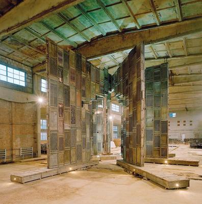 Ai Weiwei, Template, 2007, wooden doors and windows from Ming- and Qing-dynasty temples and wooden base. Installation view, Ai Weiwei’s studio, Beijing.&nbsp;