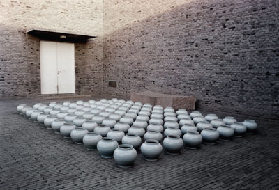 Ninety-six reproduction Yuan dynasty vases (materials for Ai Weiwei and Serge Spitzer’s Ghost Valley Coming Down the Mountain, 2005–2006) at Ai Weiwei’s studio in Beijing, 2005.