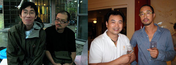 左图：艺术家徐震和石青。右图：收藏家张锐和建筑师王晖。
