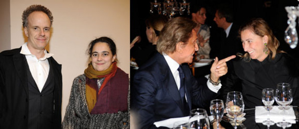 左图：Hans-Ulrich Obrist和艺术家Tacita Dean。右图：Valentino和Miuccia Prada. (Photos: Stefano Trovati/sgp, courtesy Gagosian Rome)