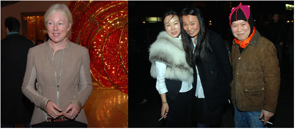 左图：策展人Karen Smith。右图：doArt画廊的Mia Jin，路青和《Brooklyn Rail》出版人Phong Bui。