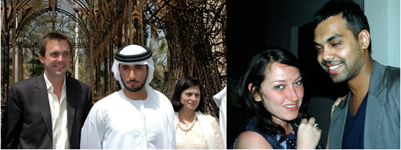 左图：迪拜艺术博览会的总监John Martin, Sheik Majid和艺术史学家Savita Apte。右图：Bidoun的主编Lisa Farjam和批评家Shumon Basar.
