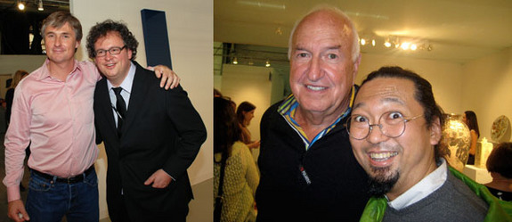 左图: 画廊家 David Zwirner 和 Ivan Wirth(摄影: David Velasco) 。右图: 收藏家 Don Rubell 和艺术家村上隆 (摄影: Linda Yablonsky)。