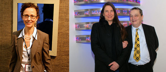 左图: Armory Show 执行总监 Katelijne De Backer (摄影: Brian Sholis)。右图: 艺术家Jenny Holzer 和Sir Norman Rosenthal (摄影: David Velasco)。