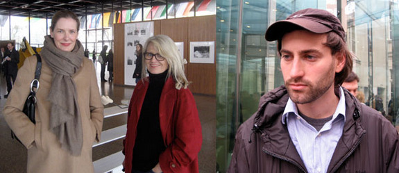 左图：画廊家Philomene Magers 和Monika Sprüth。(摄影: Lillian Davies) 右图: 双年展艺术家Tris Vonna-Michell。(摄影: Andrew Berardini)&nbsp;