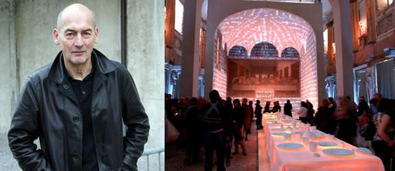 左图: 建筑设计师Rem Koolhaas。(摄影: Fondazione Prada) 右图: 人们在看Peter Greenaway多媒体演绎的《最后的晚餐》(摄影: Luciano Pascali)