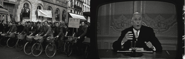 左：1968年5月29日巴黎游行。 （摄影：Bruno Barbey/玛格南图片）
右：总统戴高乐向全国人民讲话，巴黎，1968年5月24日。(图片：美联社)
