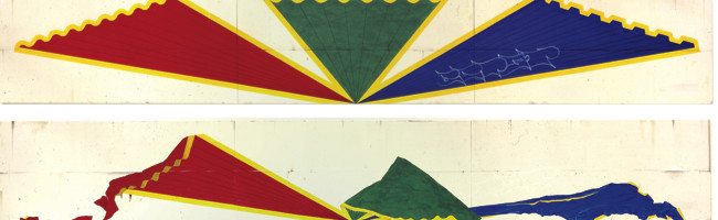 上：Ed Ruscha, Azteca, 2007, 布上丙烯，4′×27′6＂
下：Ed Ruscha, 《没落的Azteca》, 2007, 布上丙烯，4′×27′6＂
&nbsp;