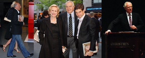 左: 收藏家Peter Simon。中: 收藏家Jacqueline 和Irving Blum 以及艺术顾问 Mark Fletcher。右: 拍卖商Christopher Burge。