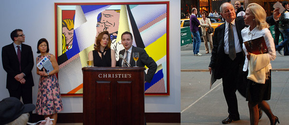 左: Christie's Robert Manley, Laura Paulson, Amy Cappellazzo和 Brett Gorvy。右: 收藏家Douglas Cramer 和作家Joyce Haber。