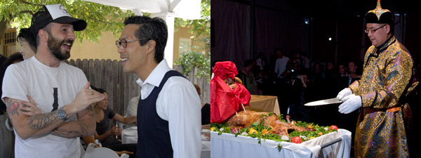 左: 艺术家Piero Golia 和SITE圣塔菲策展人Lance Fung。右: 蒙族厨师Chow Ke Tu 为石青的作品进行表演。(摄影: Carole Devillers)