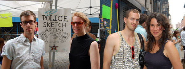 左: Klaus von Nichtssagend 的 Sam Wilson 和 Ingrid Bromberg Kennedy。右: 艺术家 Clayton Deutsch 和 Eva Struble。(摄影: Dawn Chan)