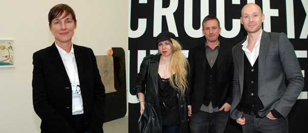 左图: 画廊家Sadie Coles. 右图: Irish Annie, 画廊家Stuart Shave和现代艺术的Kirk McInroy.