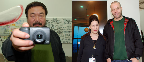 左图: 艺术家艾未未. 右图: 画廊家Maureen Paley 和艺术家Wolfgang Tillmans.