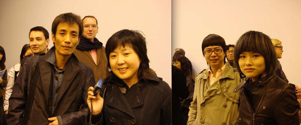 左图：艺术家施勇，策展人付晓东；右图：艺术家陈杰、李姝睿