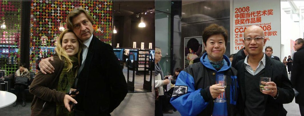 左图：尤伦斯当代艺术中心馆长杰罗姆·桑斯与友人。右图：导演崔子恩与艺术家刘韡在UCCA