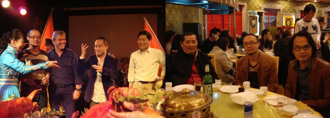 左图：左起－艺术家谢南星、麦勒画廊的乌斯·麦勒、艺术家陈文波、PKM画廊的郑镇宇。右图：艺术家王川、谢南星、陈文令。