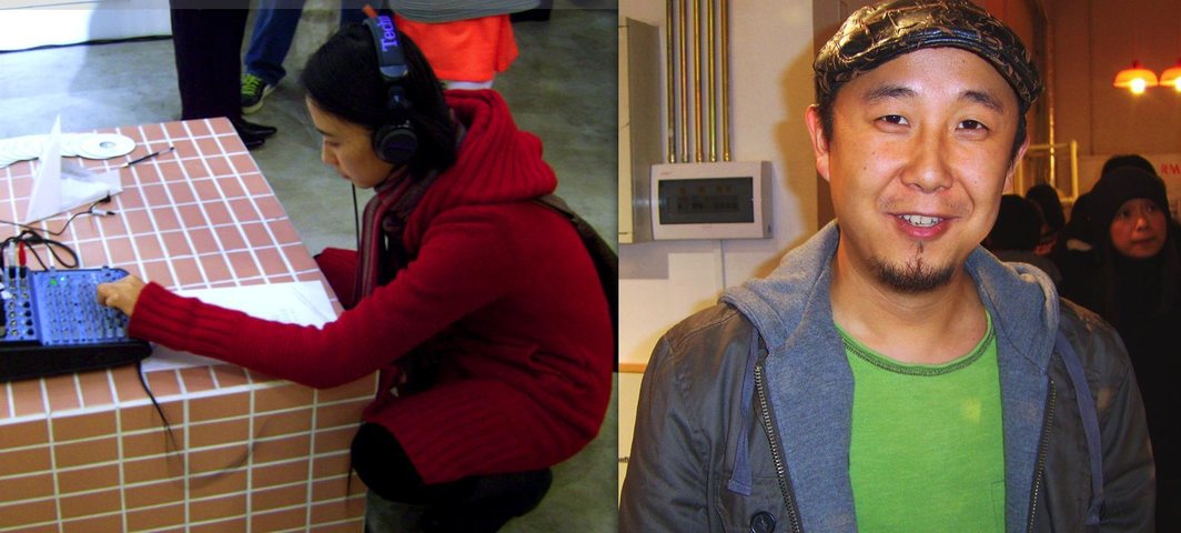 左图：艺术家汤艺听《虫洞旅行纪念》中采集的管道声音。右图：声音艺术家颜峻