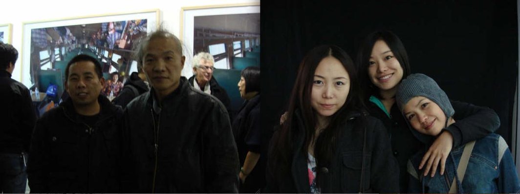 左图：艺术家李暐和王庆松。右图：媒体人江伊岚、黄珊和艺术家陈可。