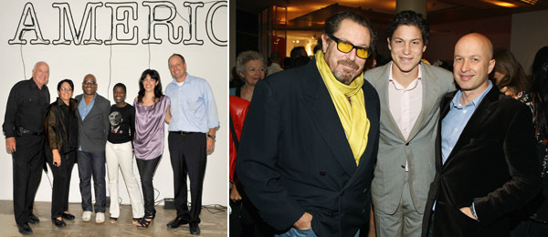 左图: Don Rubell, Mera Rubell, 艺术家Glenn Ligon, 工作室博物馆馆长Thelma Golden, Jennifer Rubell和Jason Rubell。右图: Julian Schnabel, Vito Schnabel和Fondation Beyeler 总监Samuel Keller。