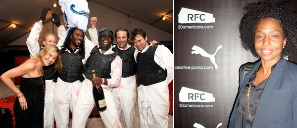 做: Whitley Bouma Herbert 和艺术战争获胜者: 艺术家Haley Mellin，Rashid Johnson, Tracey Ryans, Joel Mesler, Interview的编辑Christopher Bollen. 右图: 艺术家Lorna Simpson。