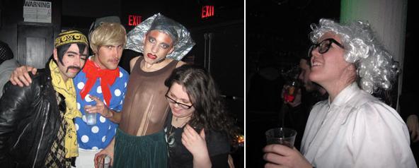 左图：The Ssion's Cody Critcheloe (最左边) 和作家Amy Kellner (最右边)。右图: Deitch Projects 总监 Kathy Grayson。