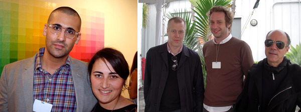 左图: 艺术经纪人David Kordansky 和总监Natasha Garcia-Lomas。右图: 艺术科隆总监Daniel Hug和艺术经纪人Joel Messler 以及Marc Foxx。 