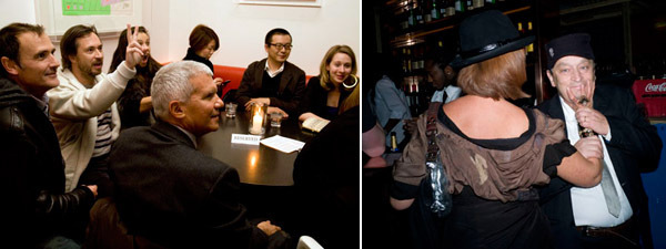 左图: 设计师Marc Newson (左数第二个)  Larry Gagosian。右图: Archduchess Francesca von Habsburg 和Sir Norman Rosenthal。