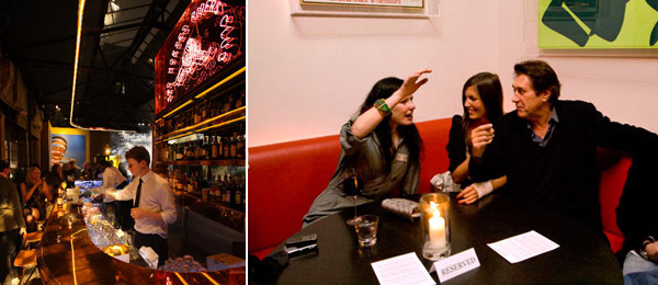 左图: The Double 俱乐部的酒吧 (Fondazione Prada提供图片) 右图: 造型师兼编辑Katie Grand, Amanda Sheppard和音乐家Bryan Ferry。