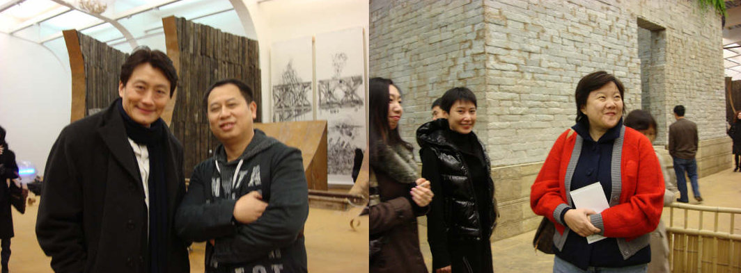 左图：程昕东艺术空间的程昕东与唐人当代艺术中心的郑林。右图：媒体人洪晃。