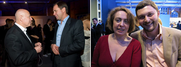 左图: 莫斯科双年展策展人Joseph Backstein和Guta团体的Artem Kuznetsov。右图: Openspace总监Katya Degot 和莫斯科当代艺术馆馆长Vasily Tsereteli。 (Photo: Kate Sutton)