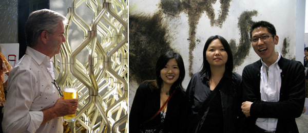 左图：艺术经纪人Urs Meile站在香港设计师Michael Young设计的雕塑边。右图：艺术顾问Stella Wang, 亚洲艺术文献库的Phoebe Wong, 长征空间的David Tung。
&nbsp;