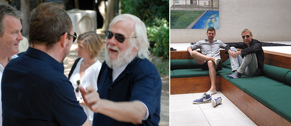 左图: 艺术家Liam Gillick和John Baldessari。右图: 艺术家Ingar Dragset和Michael Elmgreen。