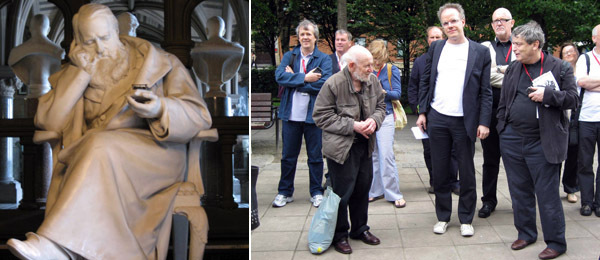 左图：曼彻斯特大教堂雕塑。右图：艺术家Gustav Metzger, 蛇形小汉斯，策展人Norman Rosenthal。
