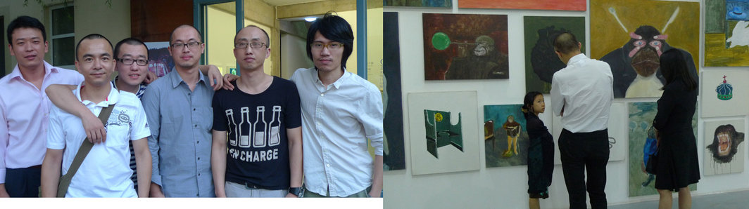 左图：孙逊助手牛申思、艺术家吴俊勇、孙逊、金闪、陈晓云、陈维。右图：金闪个展现场。