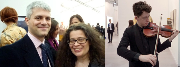 左图：沃克艺术中心策展人Peter Eleey和Frieze艺术博览会总监 Amanda Sharp。右图：小提琴家在Lisson画廊展馆内。