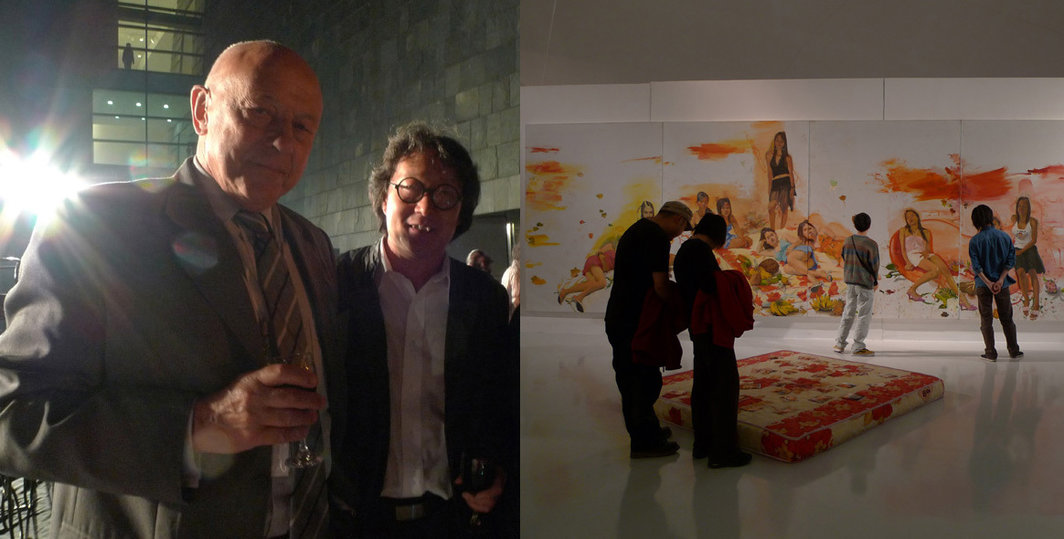 左图：伦敦艺术大学董事会主席、前BBC全球频道台长约翰•图萨爵士（Sir John Tusa）和中央美术学院副院长徐冰。右图：《碰撞——中国当代艺术实验的案例》展览现场。