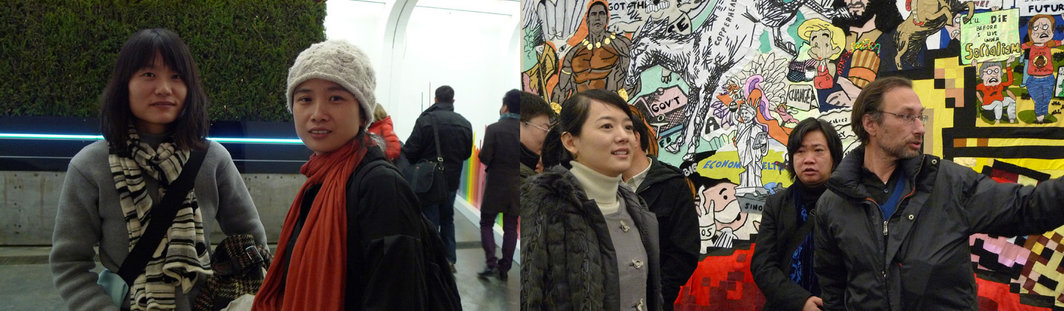  左图：艺术家阚萱和冯倩钰。右图：中艺博文化传播公司执行董事王一涵、民生现代美术馆副馆长周铁海和香格纳画廊的何浦林（Lorenz Helbing）。