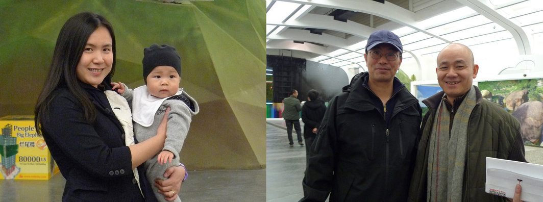 左图：艺术家曹斐和她的儿子山山。右图：艺术家朱昱和刘建华。
