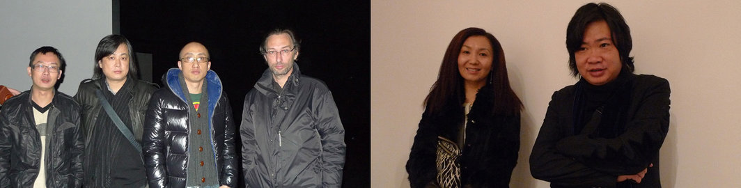  左图：艺术家蒋志、杨福东、陈晓云和香格纳画廊的何浦林。右图：炎黄艺术馆的郭小力和民生现代美术馆副馆长周铁海。