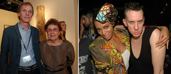 左图：艺术经纪人Andrew Richards 和Marian Goodman。右图：Solange Knowles和设计师Jeremy Scott。