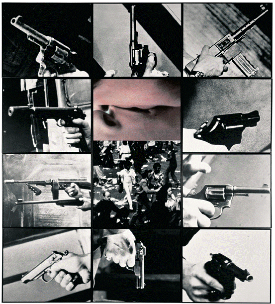 约翰•巴尔代萨里、《吻/惊慌》、1984、黑白图片油彩、203×183cm。